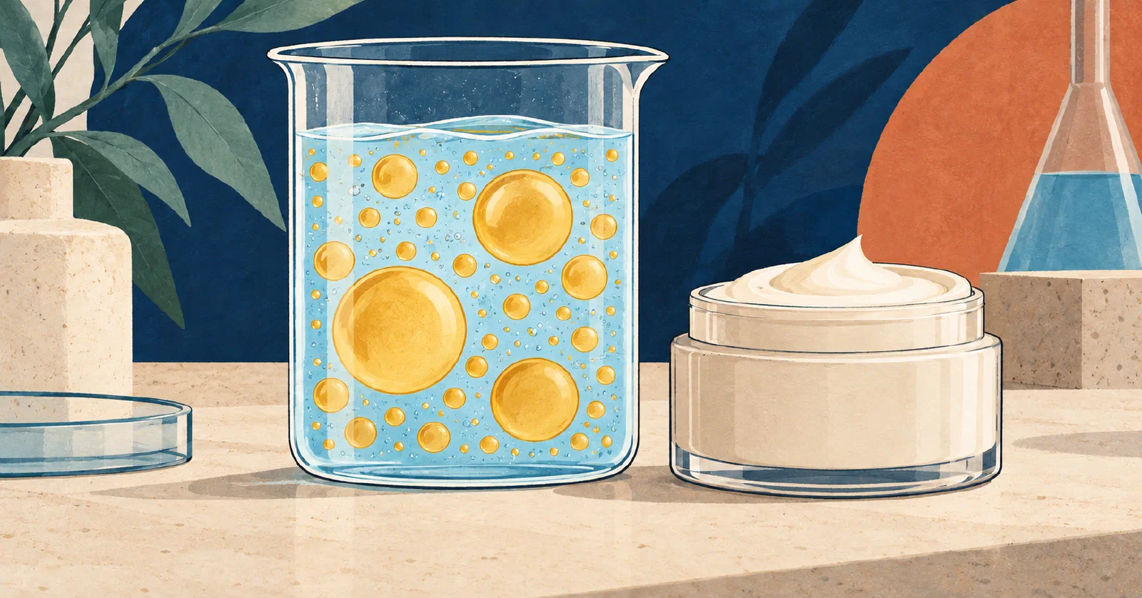 AI-generated illustration of emulsion droplets in a beaker beside a cream jar.