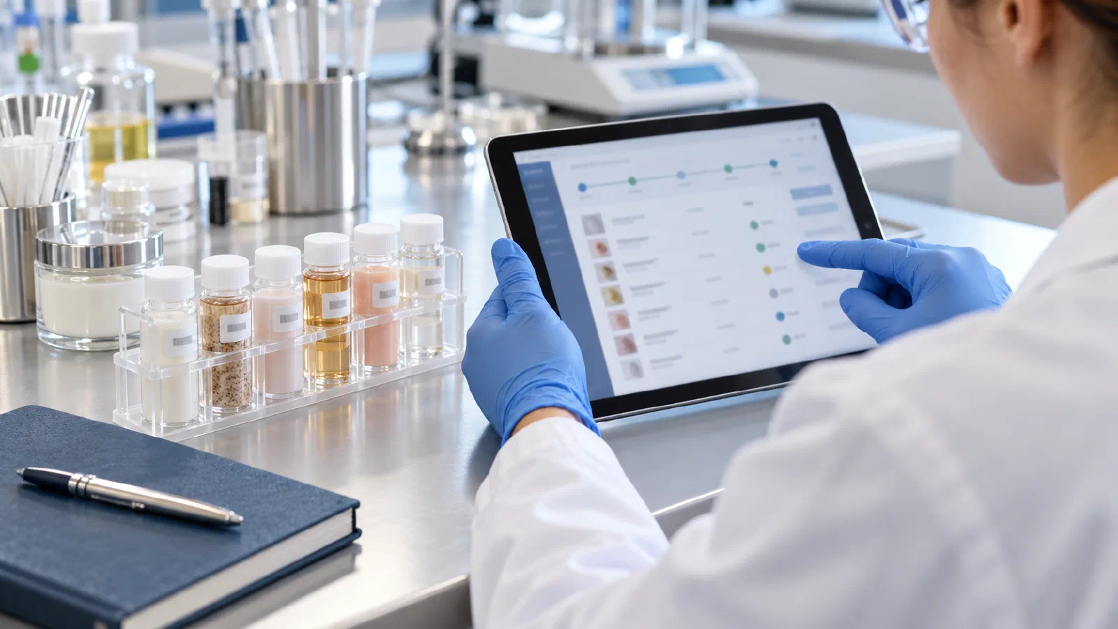 Analyst reviewing digital laboratory records beside a rack of labelled cosmetic samples.
