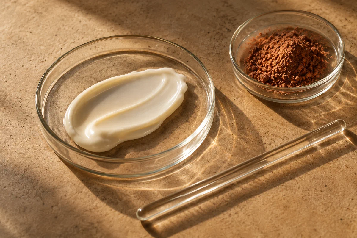Glass dishes of ivory cream and clay powder, with a glass stirring rod on a sandy surface.
